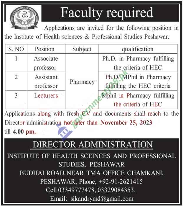 Institute Of Health Sciences Peshawar Jobs 2023