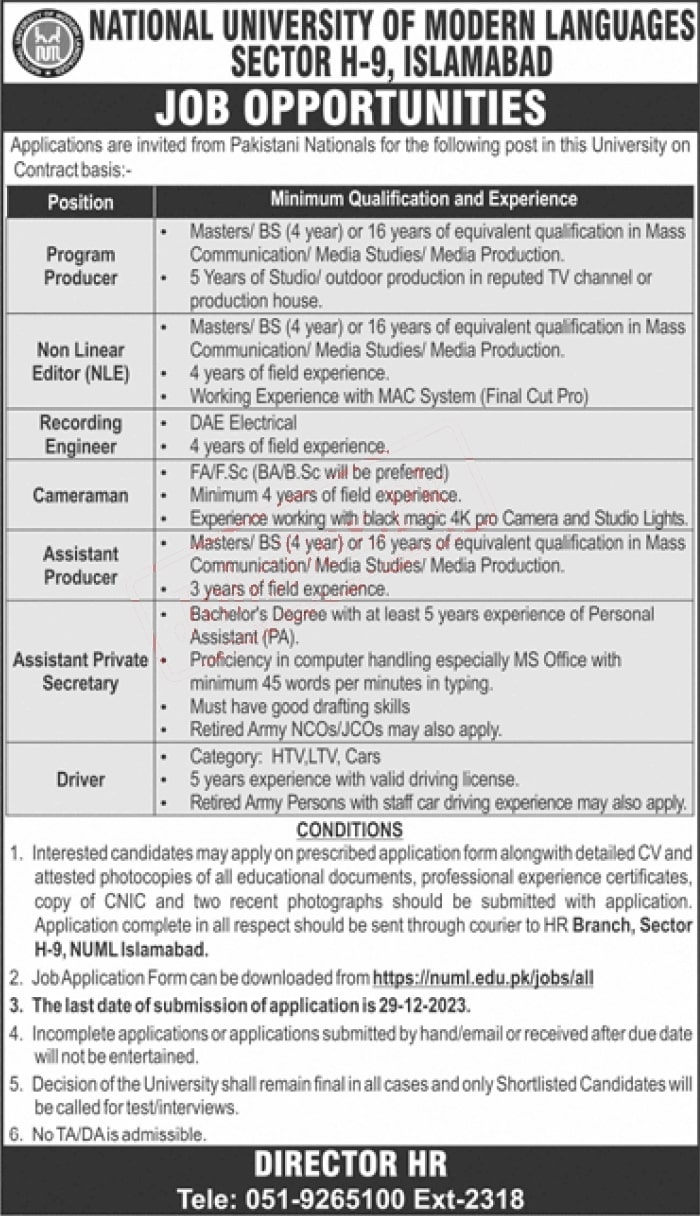 NUML Islamabad Jobs 2023  Download Form – www.numl.edu.pk
