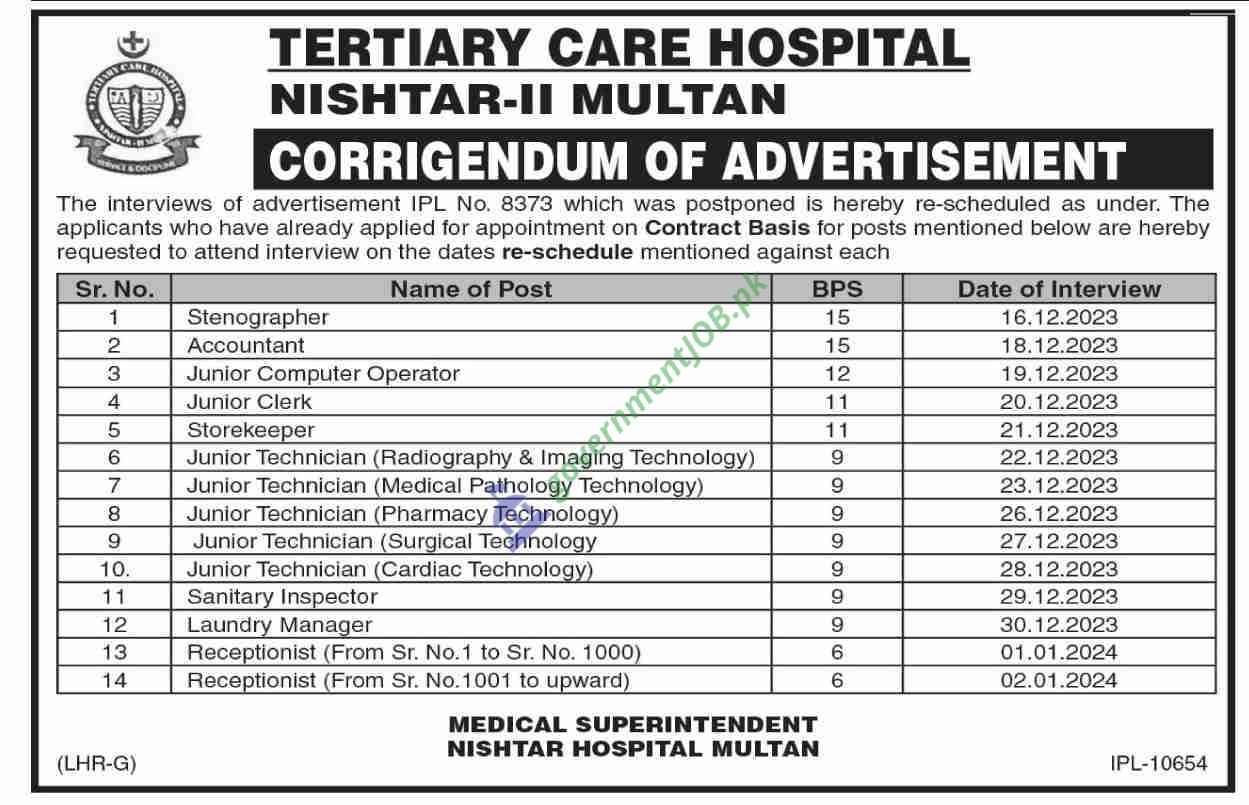 Interview Dates Rescheduled for Various Positions at Nishtar Hospital Multan
