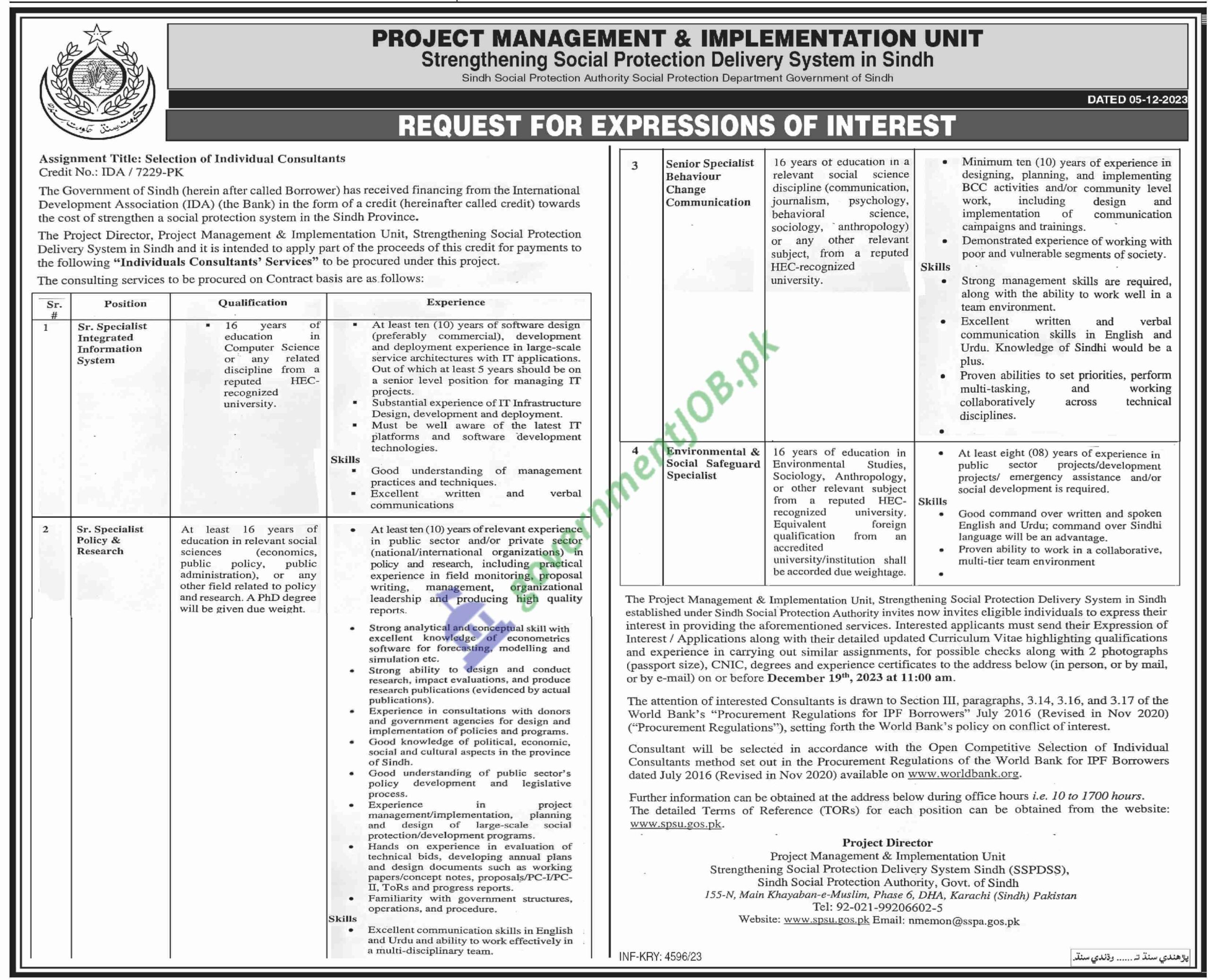 Project Implementation Unit Government of Sindh Jobs ad 2023