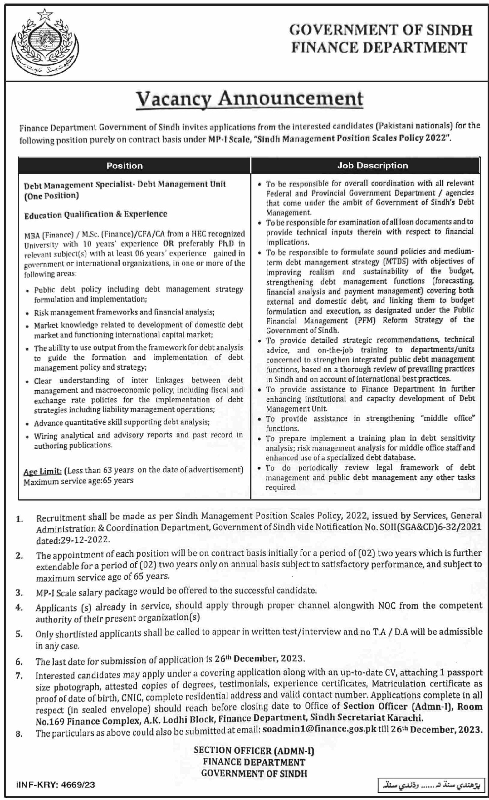 Sindh Finance Department Jobs ad 2023
