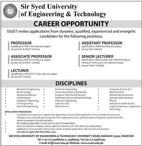 Sir Syed University of Engineering and Technology Karachi Jobs 2023