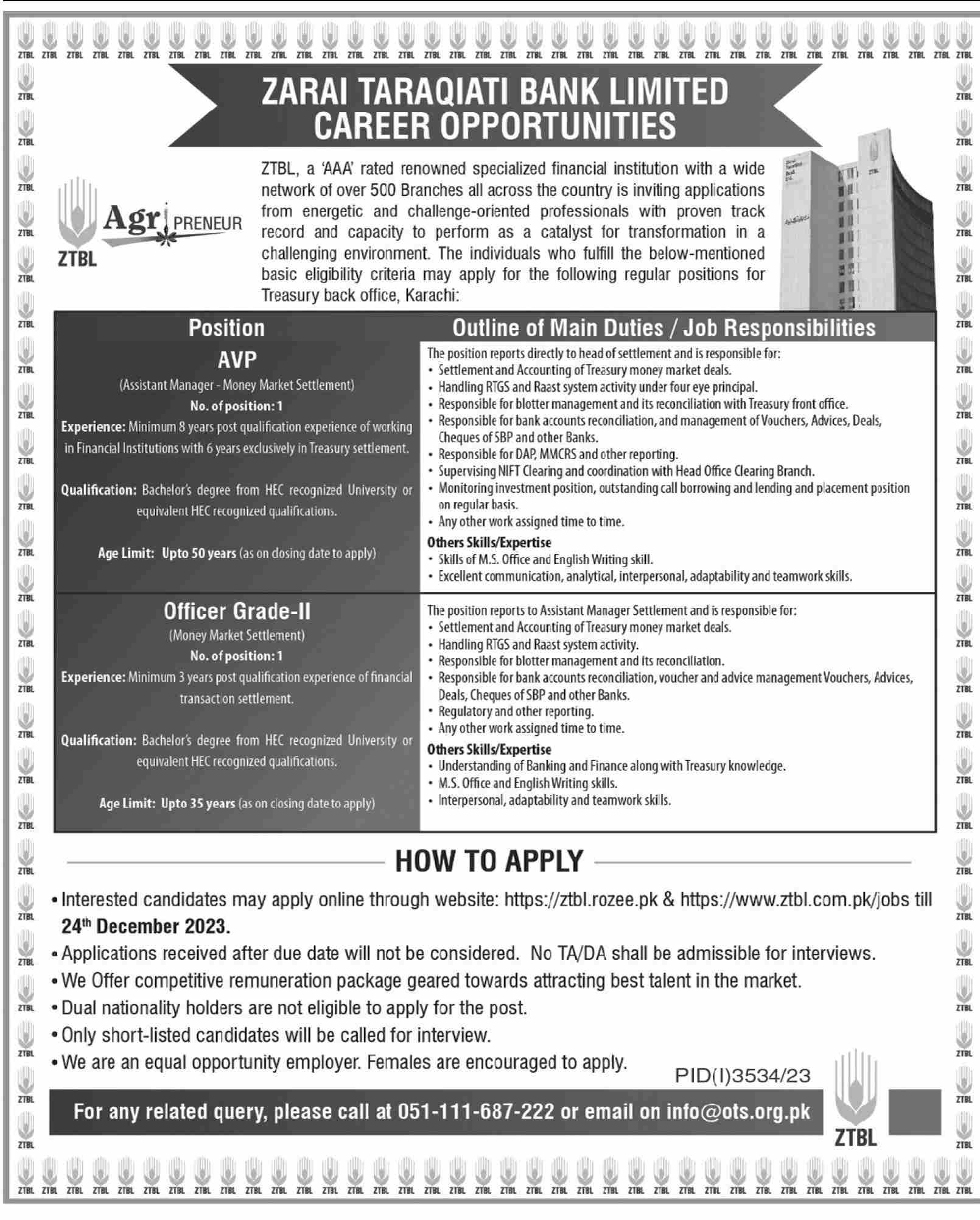 ZTBL Jobs 2023 | Zarai Taraqiati Bank