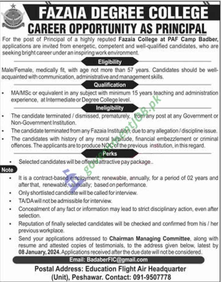 Fazaia Degree College PAF Camp Badaber Jobs 2023 for Males/Females
