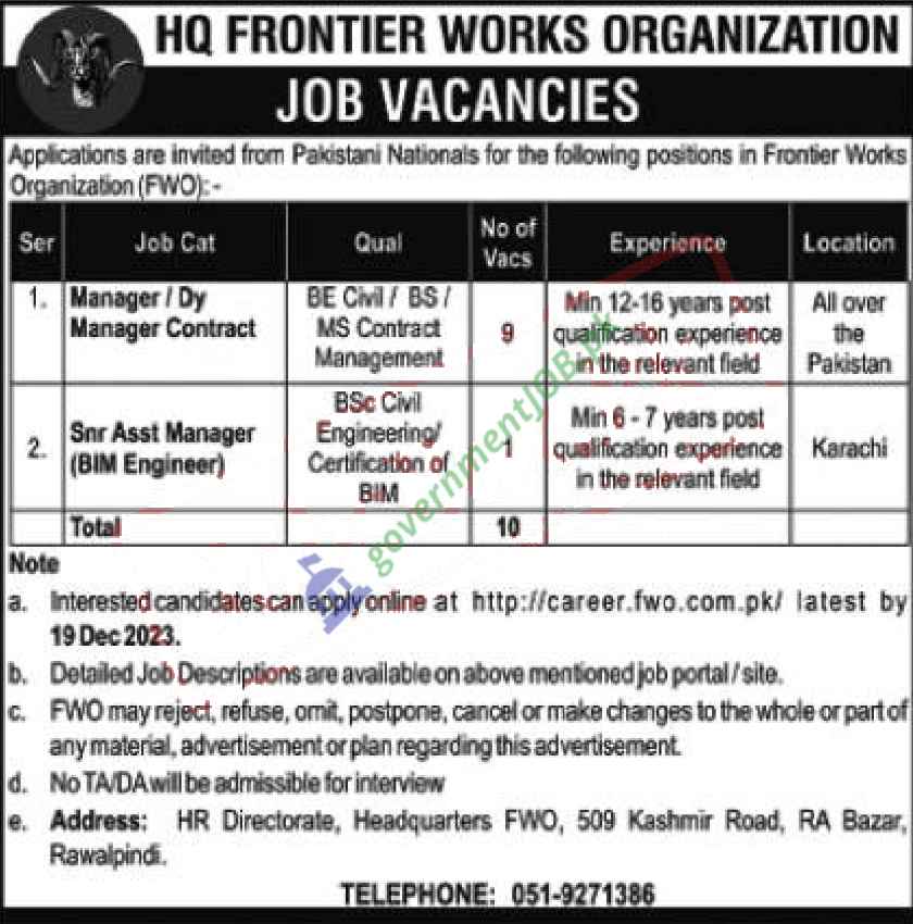 FWO Jobs 2023 | Online Apply at career.fwo.com.pk