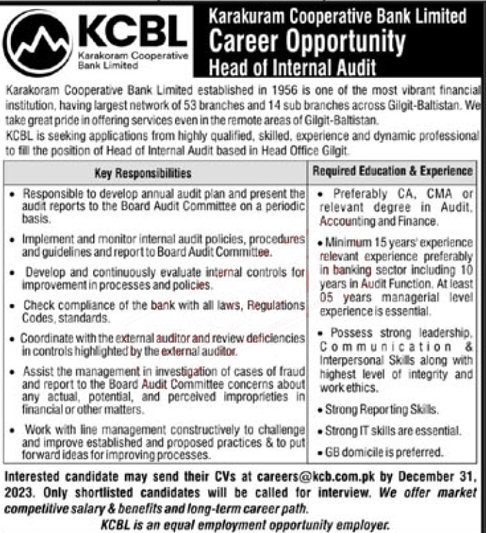 Karakorum Cooperative Bank Limited KCBL Jobs 2023