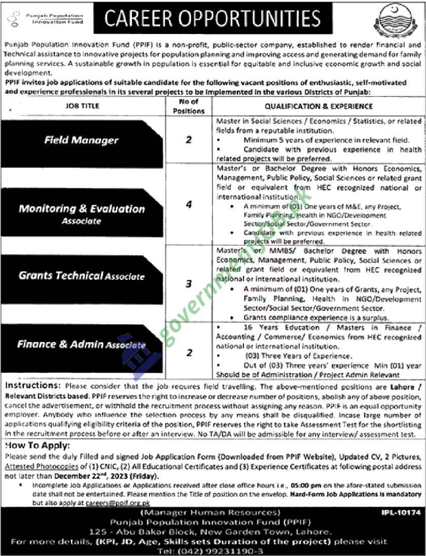 Punjab Population Innovation Fund PPIF Jobs 2023 | Download Application Form