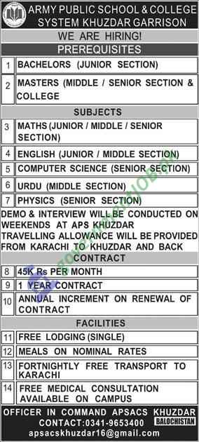Army Public School (APS Khuzdar) Jobs 2024