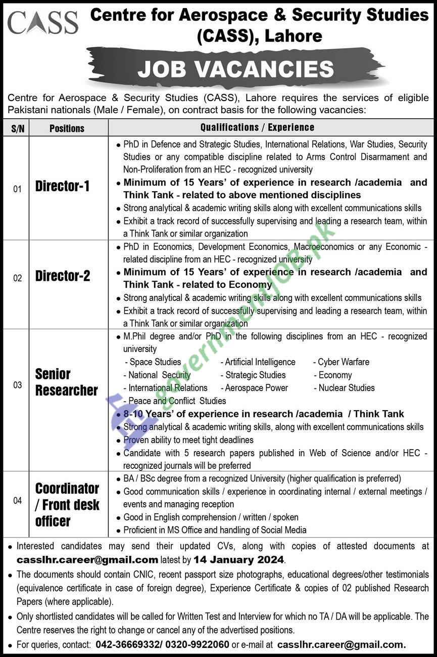 CASS Jobs 2024: Join the Centre for Aerospace & Security Studies (CASS), Lahore
