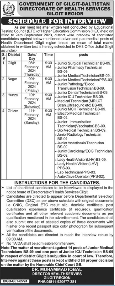 Directorate of Health Services Medical Posts Gilgit 2024