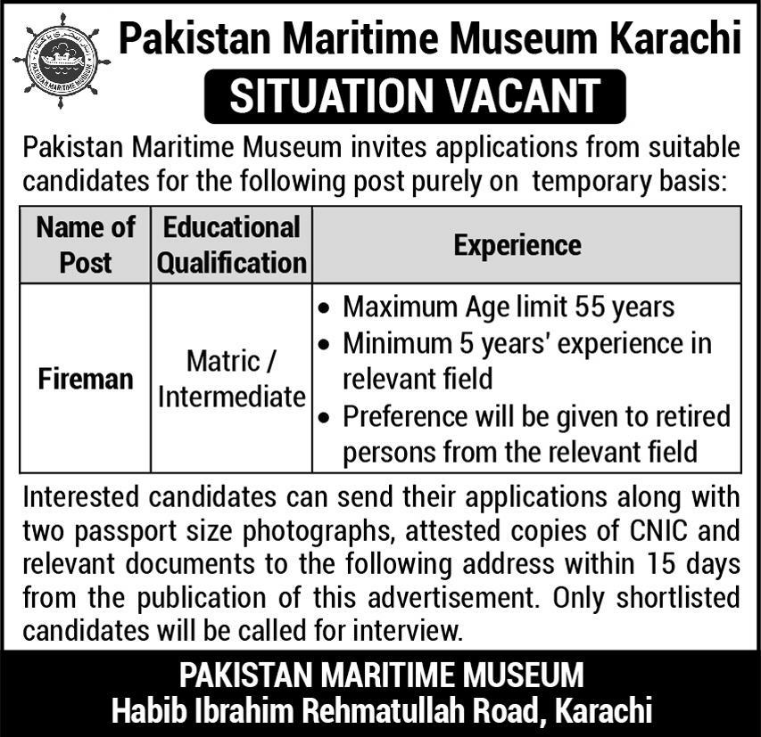 Pakistan Maritime Museum Karachi Jobs 2024 For Fireman 