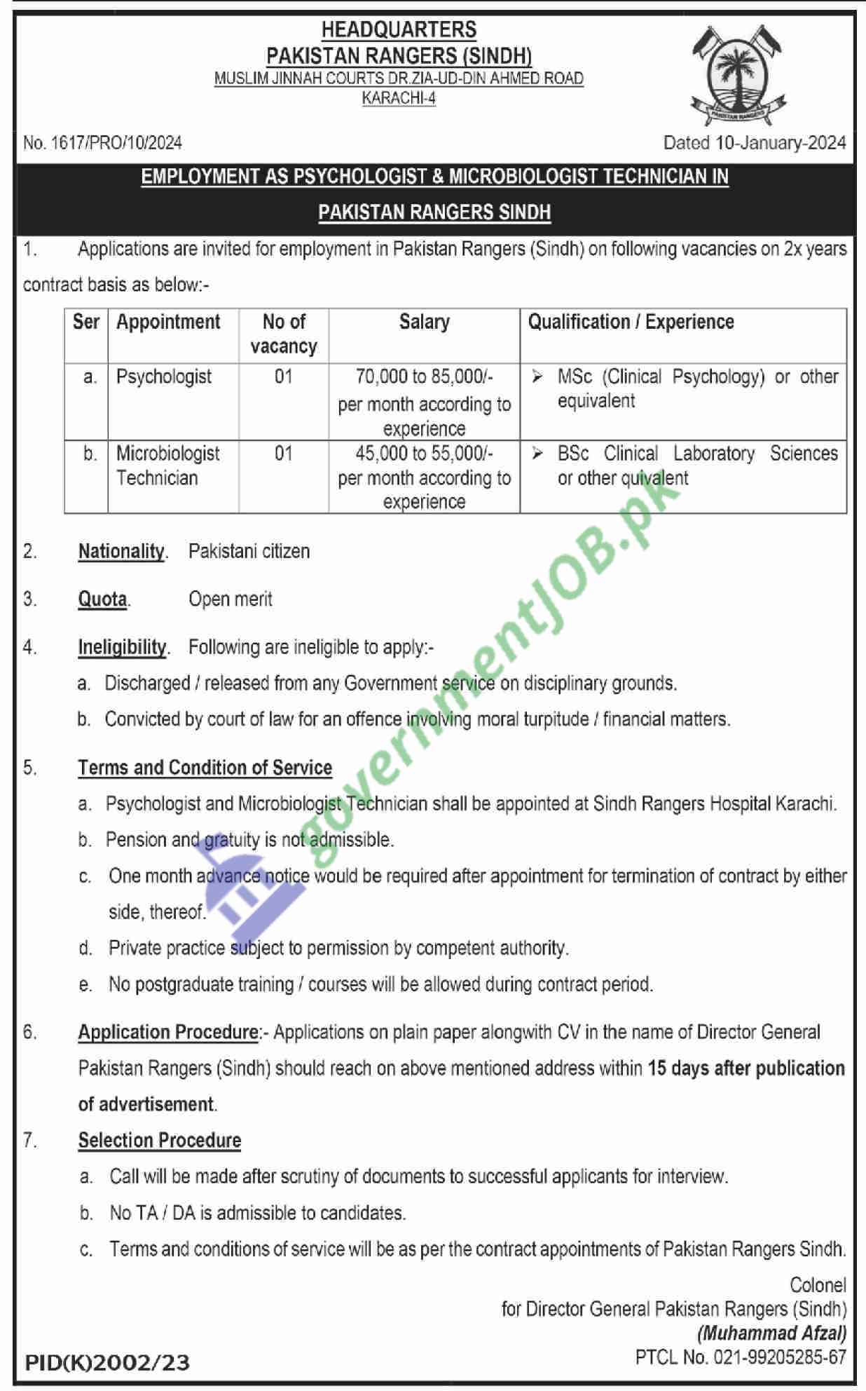 Headquarters Pakistan Rangers Sindh Jobs 2024