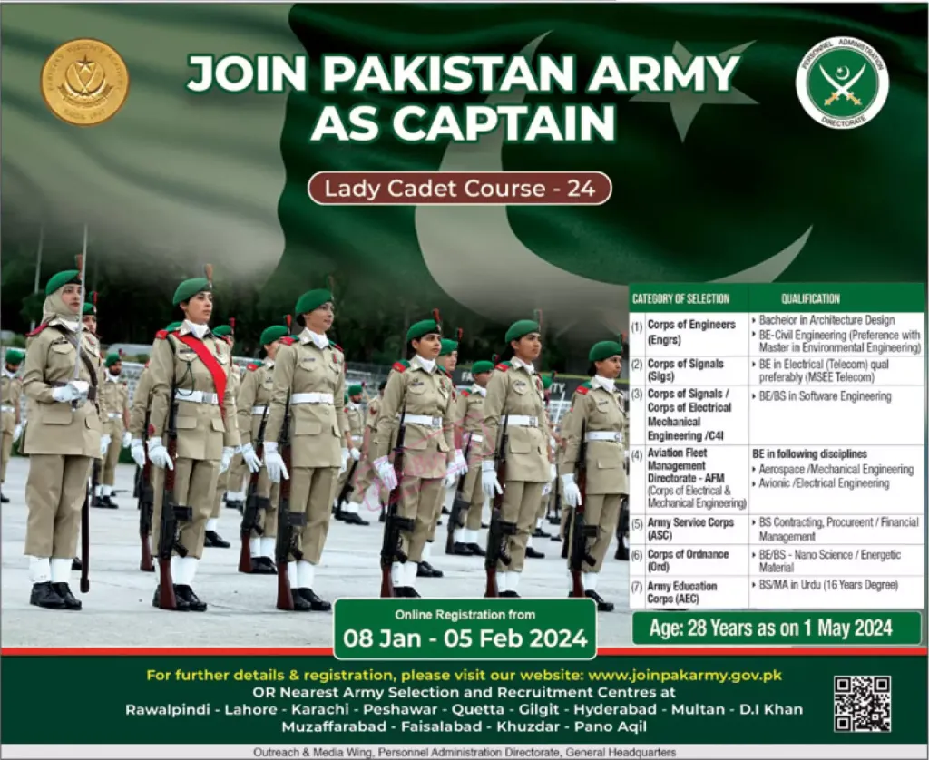 Join Pak Army as Captain Jobs 2024 | Join Lady Cadet Course LCC 24 