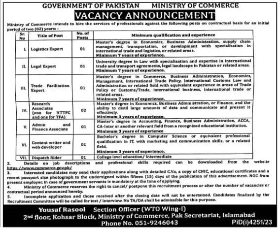 Ministry of Commerce Jobs 2024 - Federal Govt Recruitment