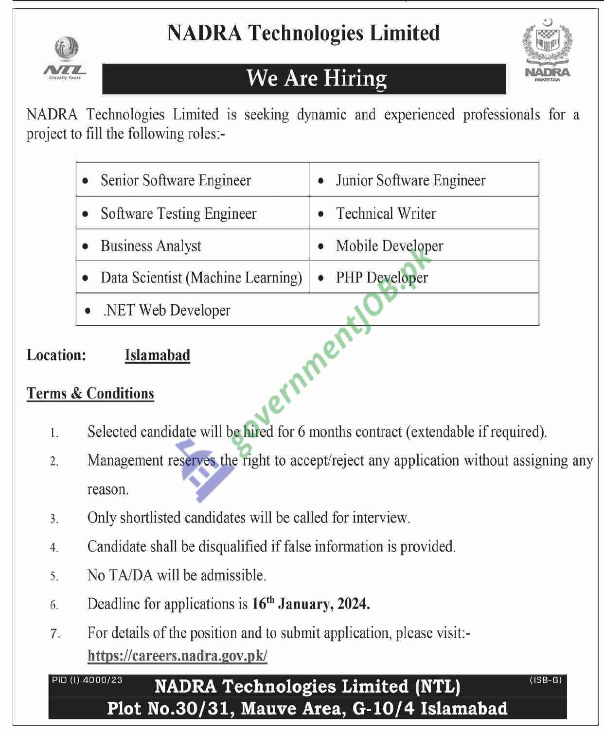 Nadra Technologies Limited (NTL) Islamabad Jobs 2024