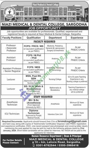 Niazi Medical & Dental College NMDC Sargodha Jobs 2024