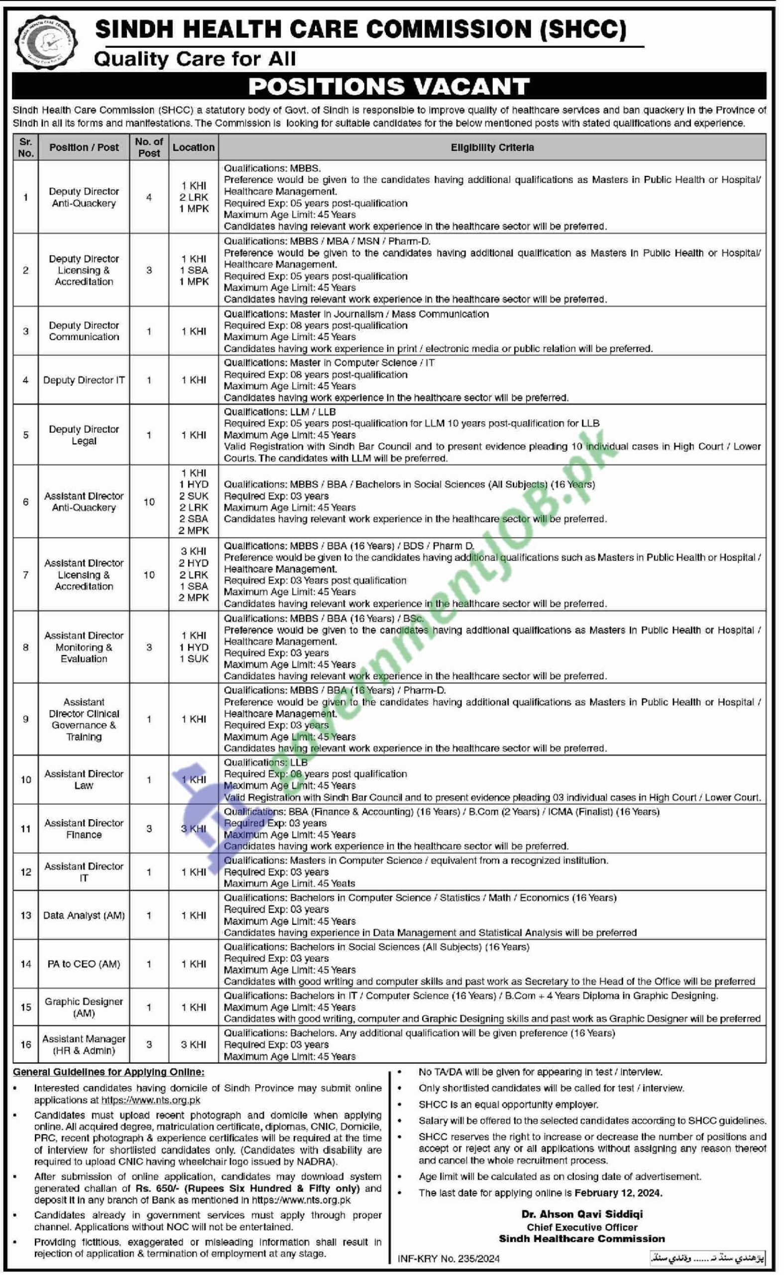 Sindh Healthcare Commission Jobs 2024