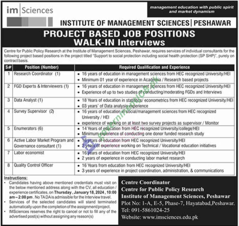 Institute of Management Sciences Peshawar Jobs 2024 | ImSciences Careers