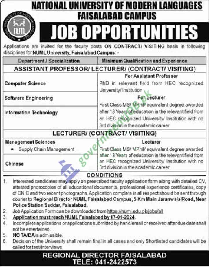 NUML Faisalabad Campus Jobs 2024 | Visiting Faculty Required
