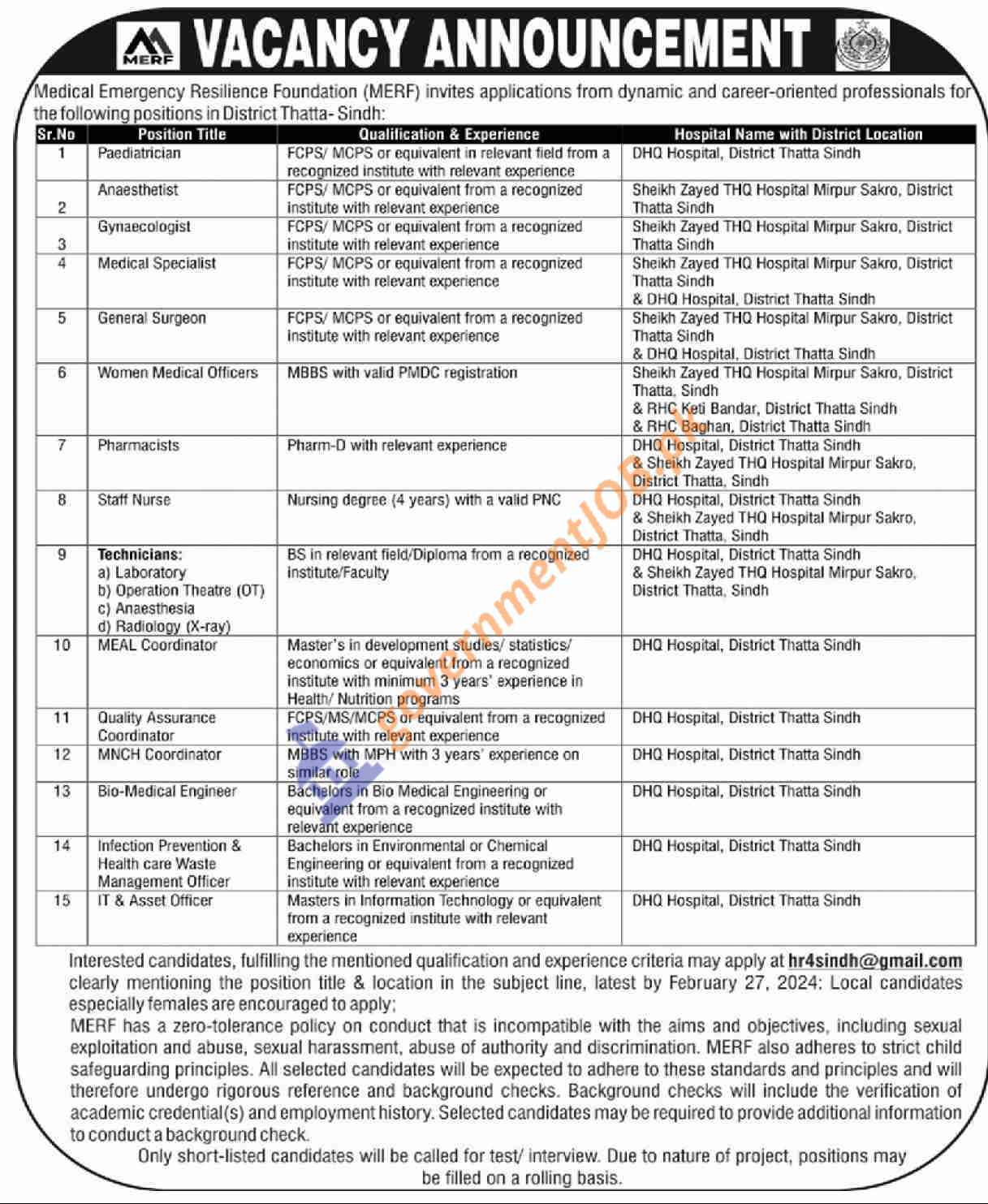 MERF Government of Sindh Jobs 2024