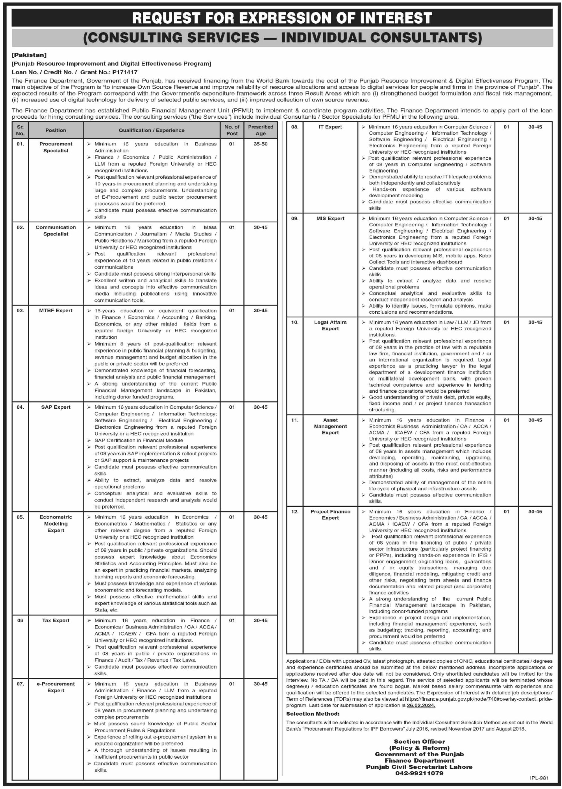Punjab Finance Department Consultant Jobs 2024 - Govt of Punjab Policy Reforms