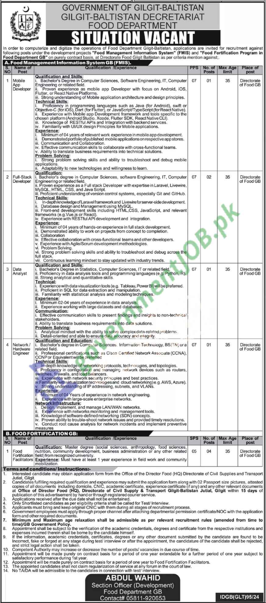 Gilgit Baltistan Food Department Jobs 2024 - GB Govt Careers