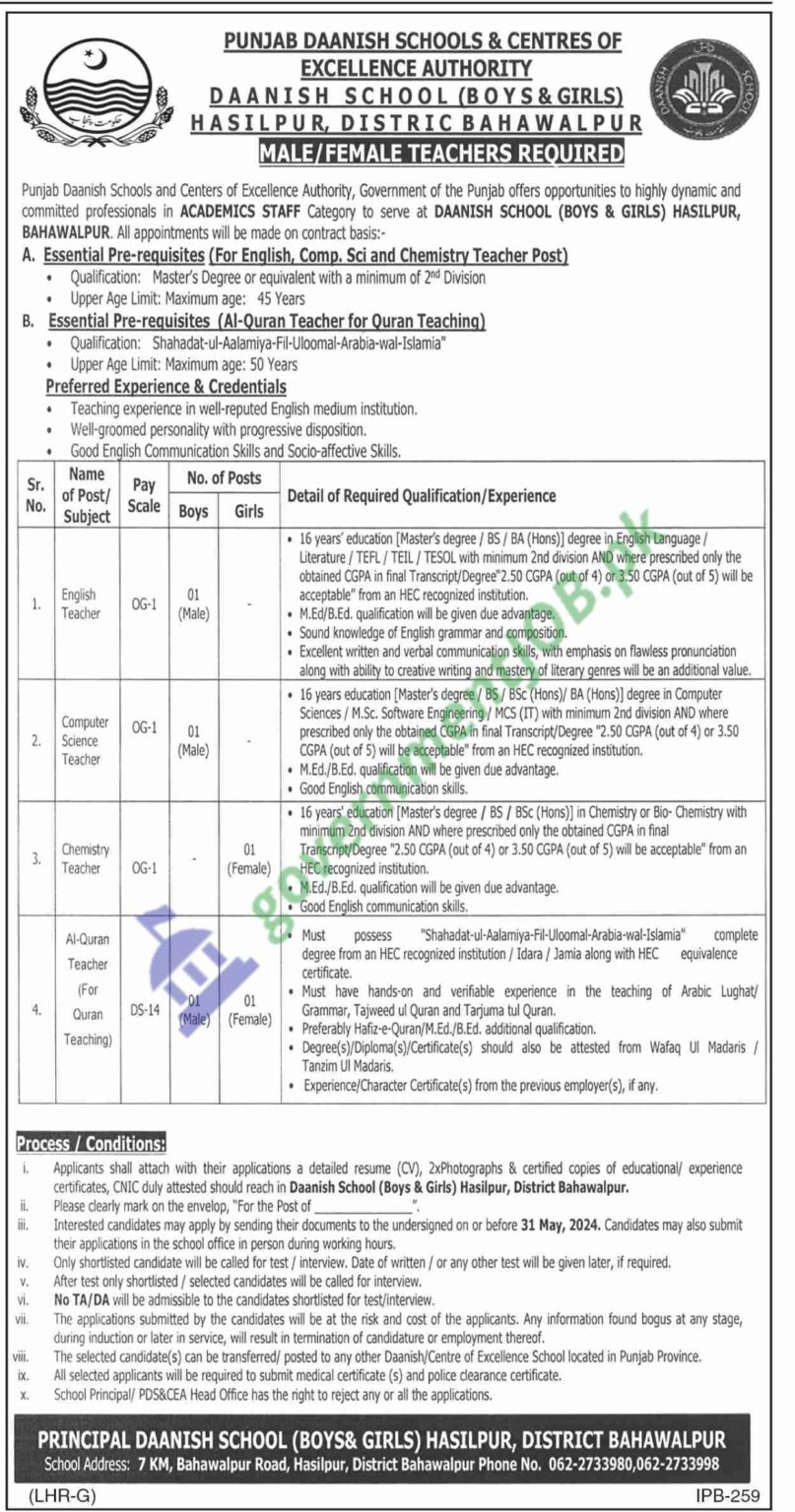 Punjab Daanish Schools Jobs 2024 Bahawalpur Campus