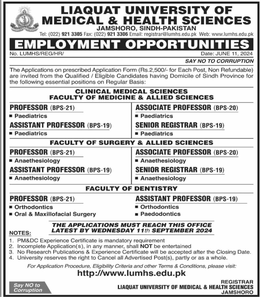 Lumhs Jobs 2024 - Liaquat University Medical & Health Sciences (lumhs 