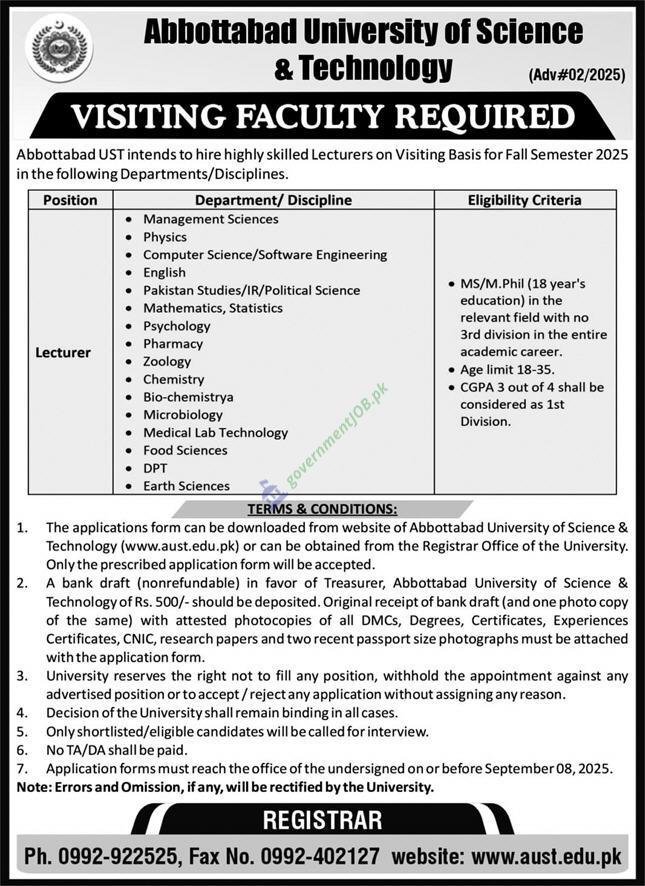 Abbottabad University of Science & Technology Jobs 2025 - AUST Visiting Faculty