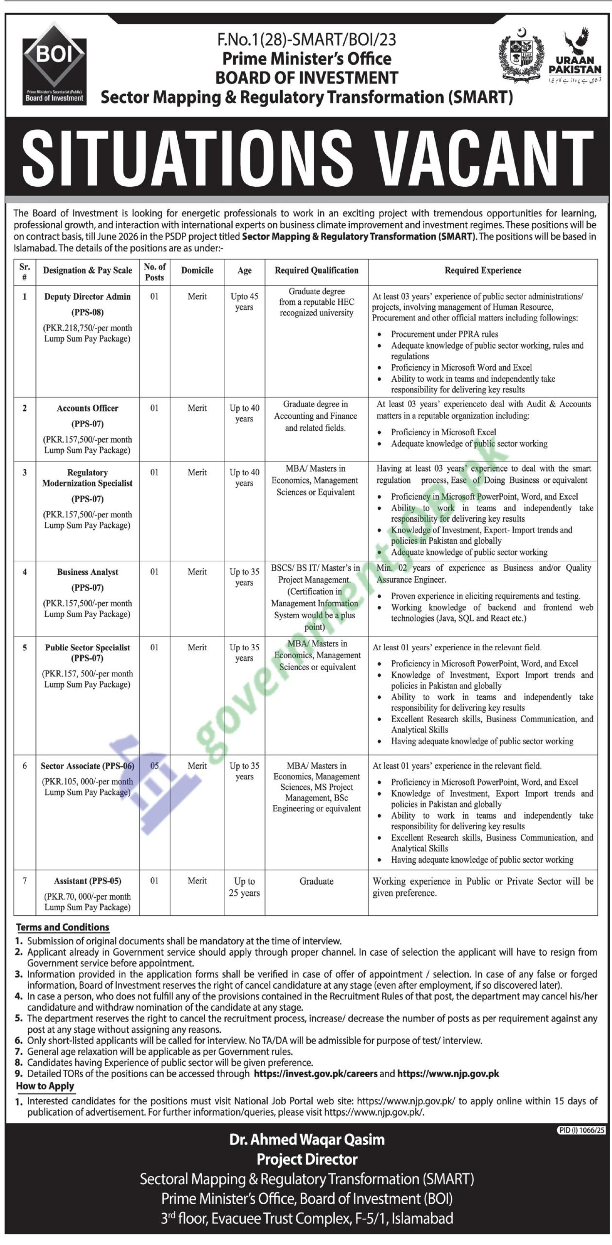 Board of Investment BOI Jobs August 2025 - Prime Minister's Office (SMART) Project