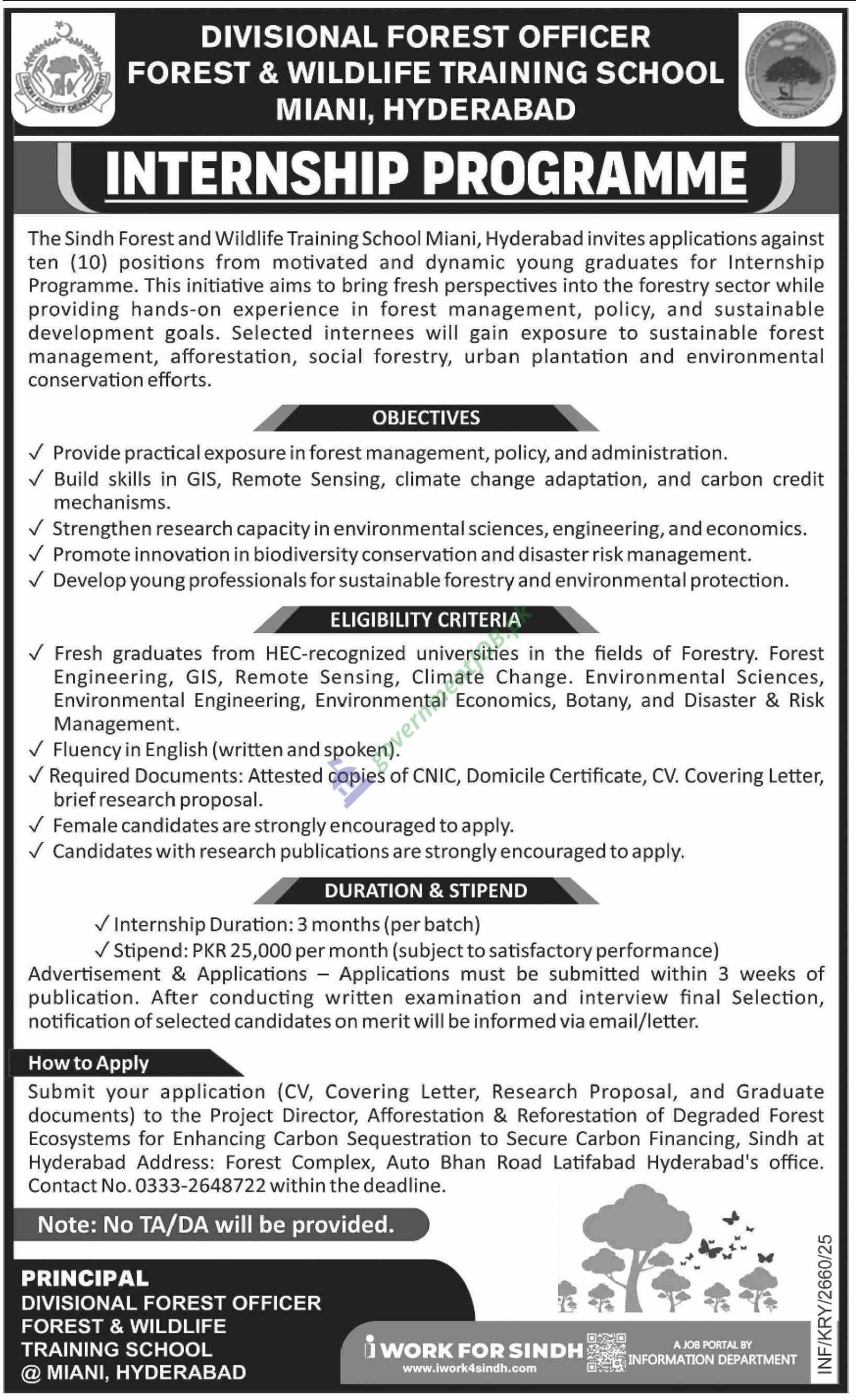 Sindh Govt Internship Programme 2025 — Divisional Forest Officer, Forest & Wildlife Training School (Miani, Hyderabad)