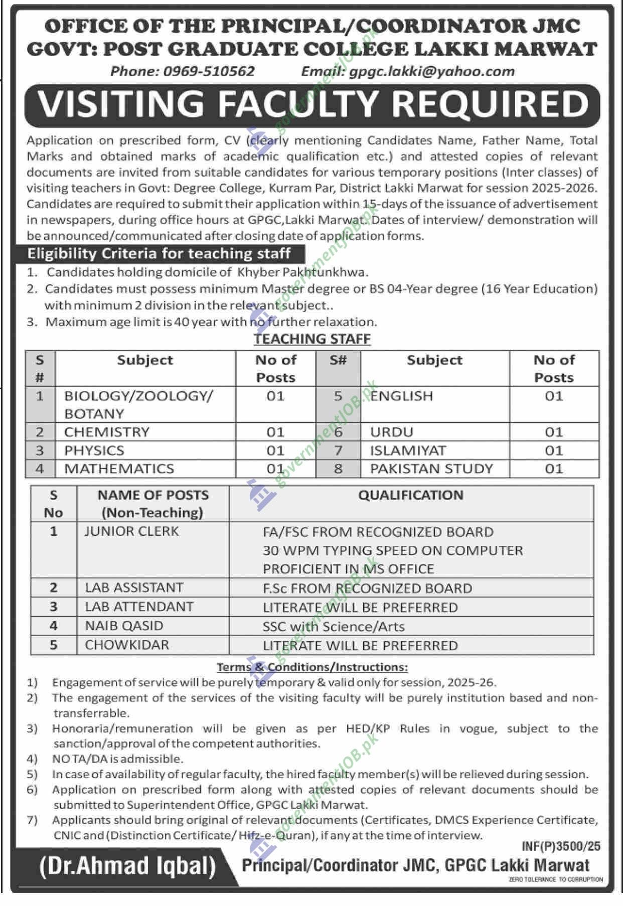 Govt: Post Graduate College Lakki Marwat (Kurram Par) Jobs 2025 - Visiting Faculty & Support Staff