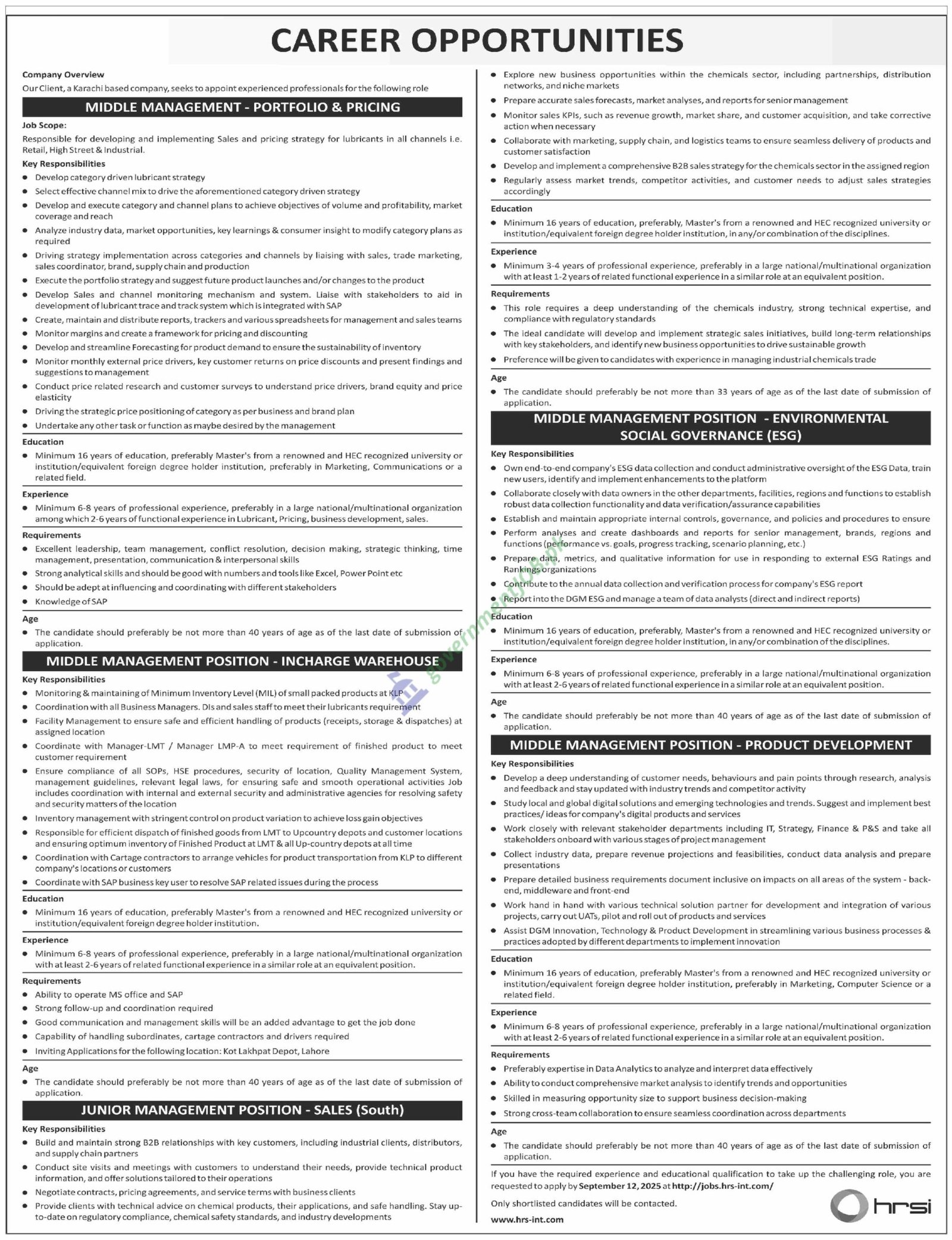 HRSI Jobs 2025 – Portfolio & Pricing, Warehouse In-Charge, ESG, Product Development & Sales (Karachi)