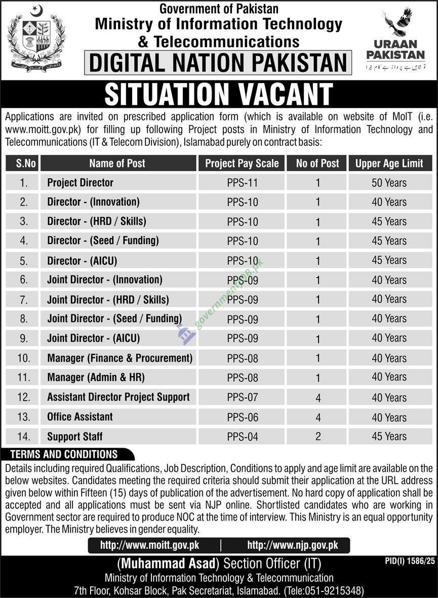 Ministry of Information Technology & Telecommunication (MoITT) Jobs 2025 – Digital Nation Pakistan Project