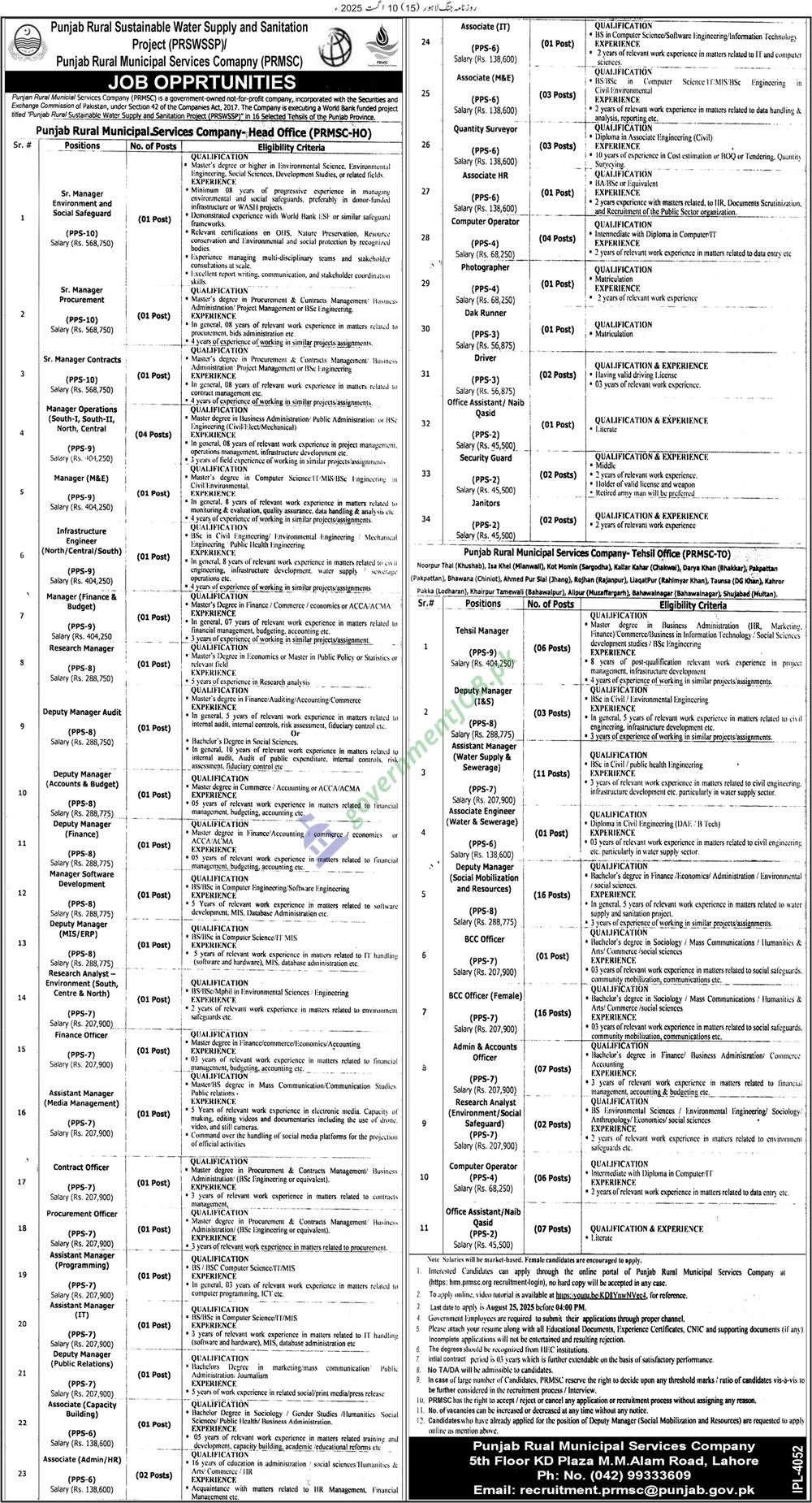 Punjab Rural Municipal Services Company PRMSC Jobs 2025 - Multiple Vacancies