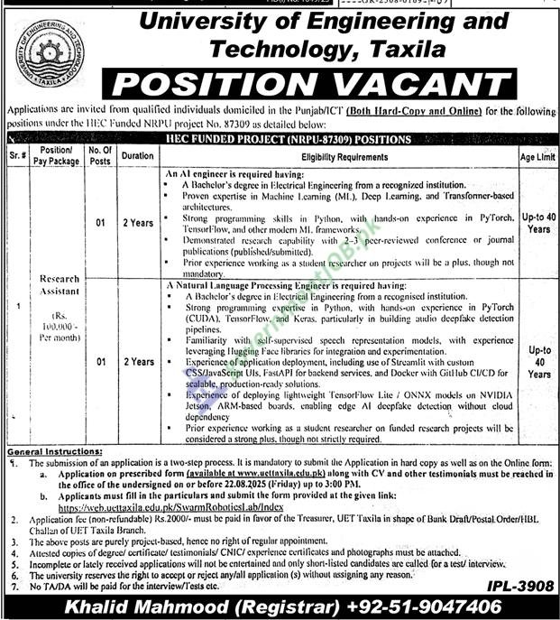 Research Assistant Jobs 2025 | UET Taxila – HEC Funded NRPU Project Vacancies (Monthly Pay: Rs. 100,000)
