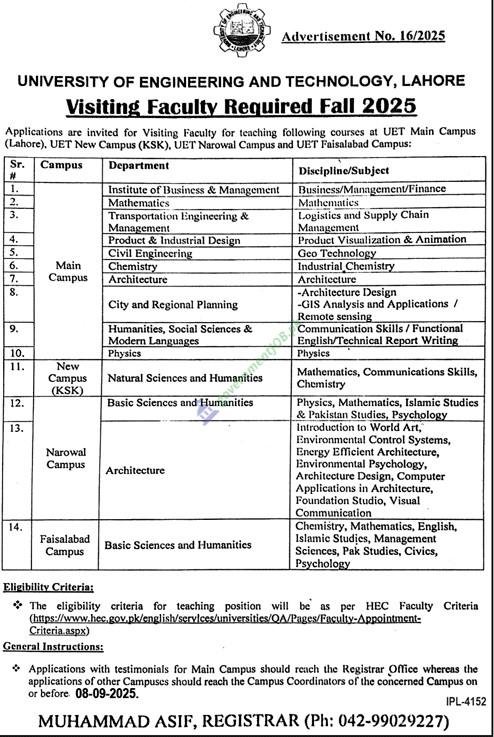 Jobs at University of Engineering and Technology (UET) Lahore – Visiting Faculty Fall 2025