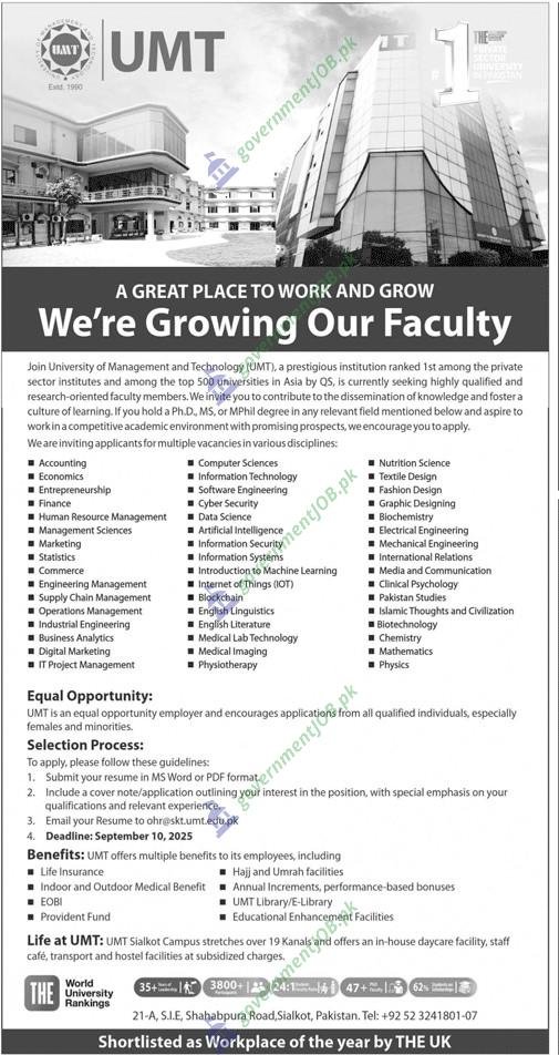 University of Management and Technology (UMT), Lahore Jobs 2025 | Faculty Positions