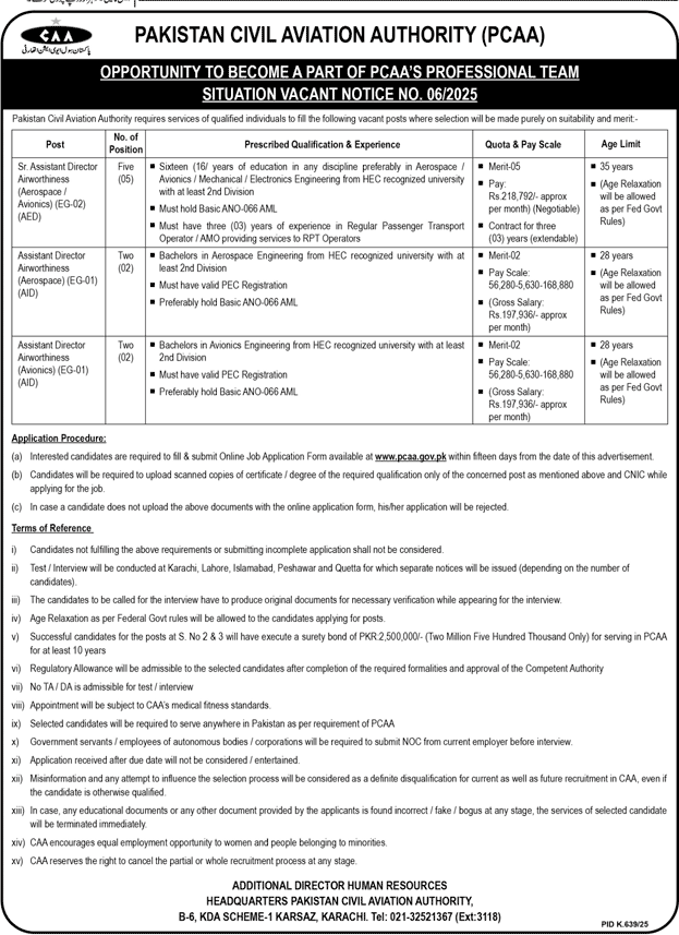 Pakistan Civil Aviation Authority Jobs 2025 – PCAA Situation Vacant Notice No. 06/2025