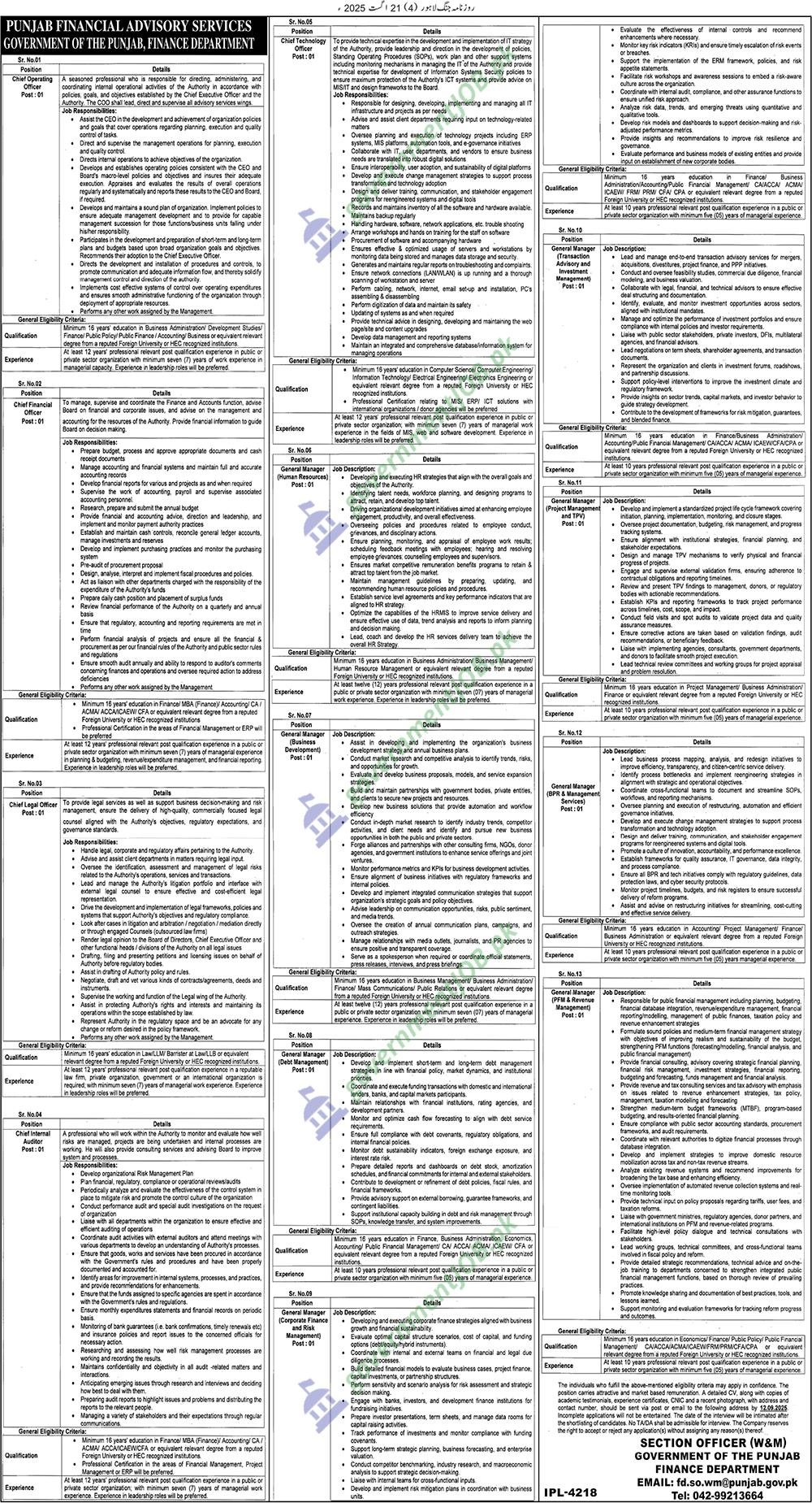 Punjab Financial Advisory Services Jobs 2025 – Finance Department Government of Punjab