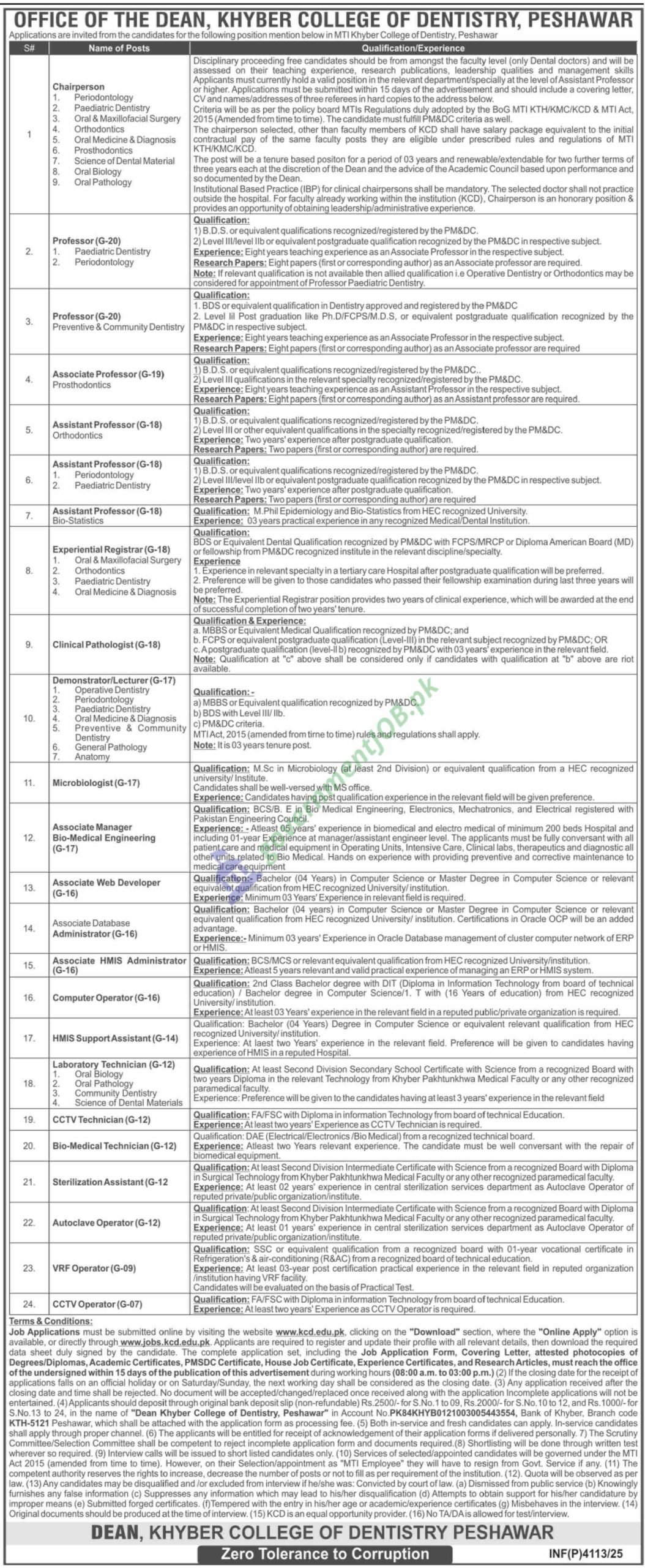 Khyber College of Dentistry (KCD) Peshawar Jobs 2025 🦷 Faculty & Technical Posts | MTI KCD Peshawar