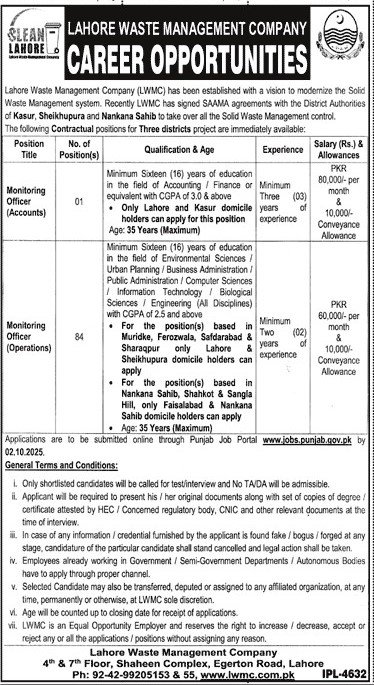 Lahore Waste Management Company (LWMC) Jobs 2025 — Monitoring Officers (Accounts & Operations)