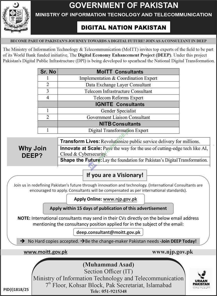 Ministry of Information Technology Pakistan Jobs 2025 – Consultants for Digital Economy Enhancement Project (DEEP)