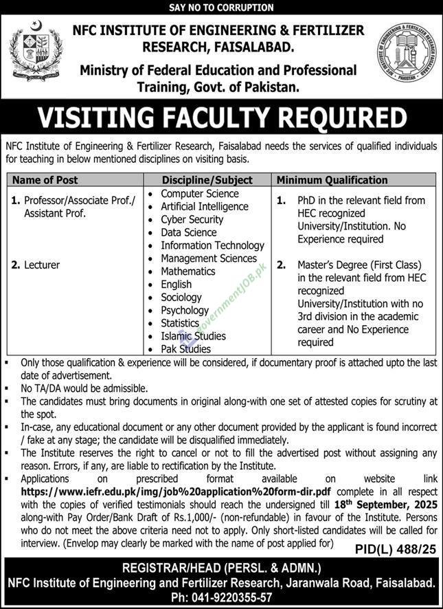 NFC Institute of Engineering & Fertilizer Research Faisalabad Jobs 2025 – Visiting Faculty Required