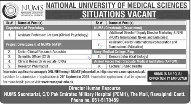 National University of Medical Sciences (NUMS) Jobs 2025 – Latest Vacancies in Rawalpindi