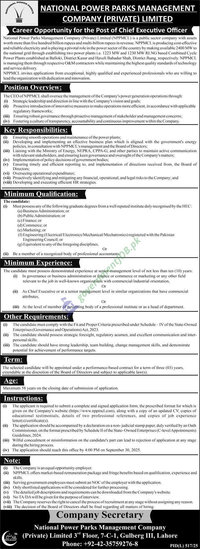 National Power Parks Management Company (NPPMCL) Jobs 2025 – Chief Executive Officer Opportunity