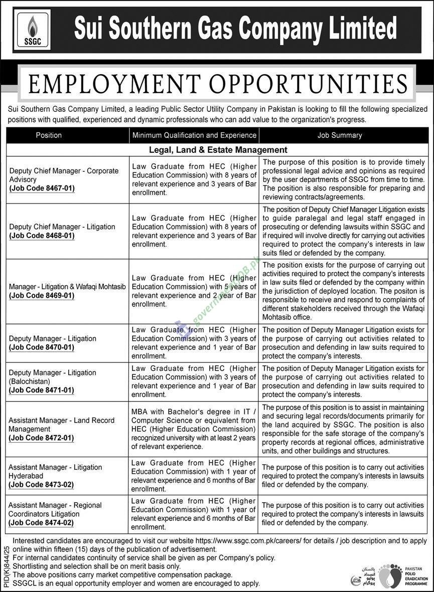 Sui Southern Gas Company (SSGC) Jobs 2025 – Legal, Land & Estate Management