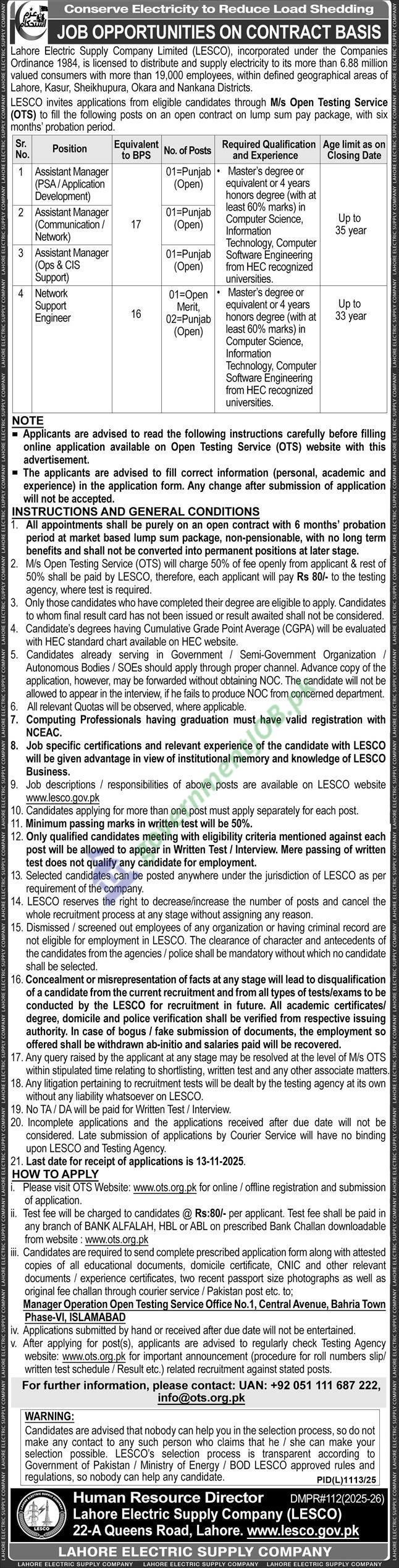 Lahore Electric Supply Company (LESCO) Jobs 2025 – Assistant Manager & Senior Engineer Positions (Contract Basis) ⚡ Lahore, Punjab