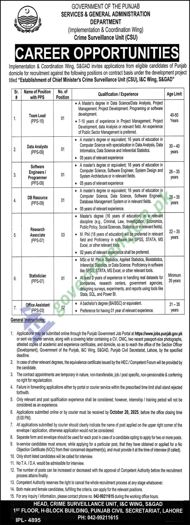 Crime Surveillance Unit Punjab Jobs 2025 — S&GAD (I&C Wing) | Team Lead, Data Analyst, Software Engineer, DB Resource, Research Associate, Statistician, Office Assistant – Lahore