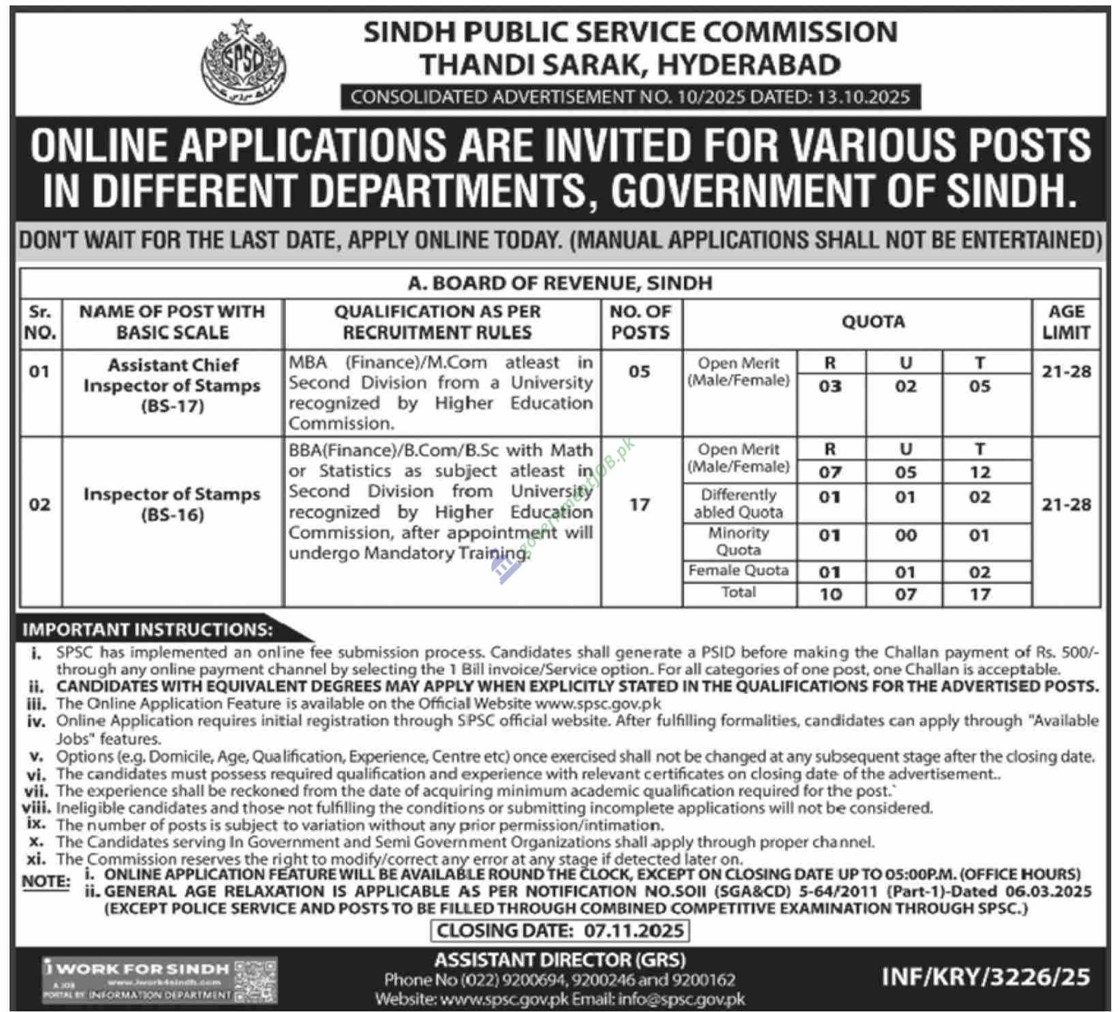 SPSC Jobs 2025 - Assistant Chief Inspector of Stamps (BS-17) & Inspector of Stamps (BS-16), Board of Revenue Sindh